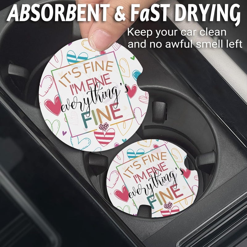 Yonlevres Car Coasters for Cup Holders，2.75" Anti Slip Rubber Mat with A Finger Notch, 2 Pack Car Cup Holder Coasters for Car Interior Accessories for Women Men I'm Fine - Image 2